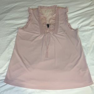 Express M blush pink sleeveless blouse lace detail w/ tie neck & ruffle sleeve